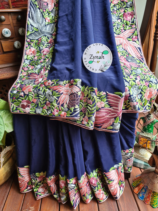 Zynah Blue Color Made to Order Pure Crepe Silk Parsi Gara Handcrafted Saree; Custom Stitched/Ready-made Blouse, Fall, Petticoat; Shipping available USA, Worldwide