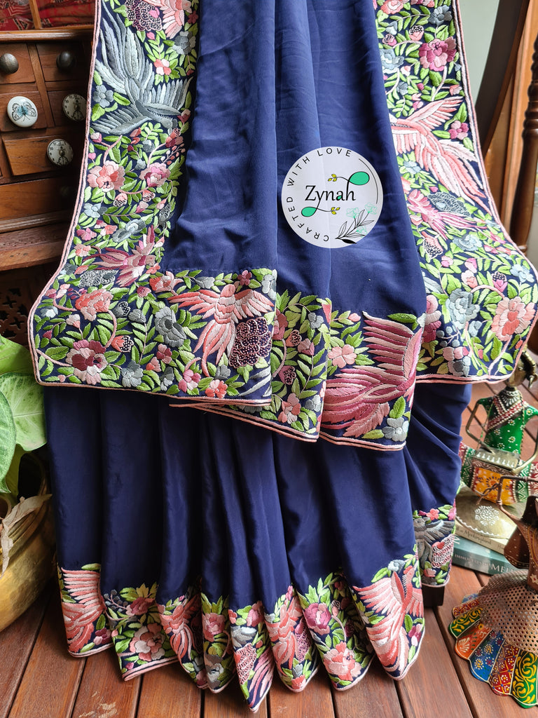 Zynah Blue Color Made to Order Pure Crepe Silk Parsi Gara Handcrafted Saree; Custom Stitched/Ready-made Blouse, Fall, Petticoat; Shipping available USA, Worldwide