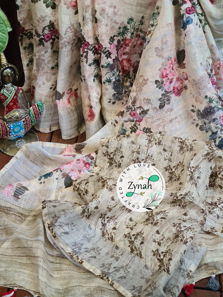 Zynah Off-white Color Organic Pure Linen by Linen(120c) Saree with Digital Floral Prints & Zari Border; Custom Stitched/Ready-made Blouse, Fall, Petticoat; Shipping available USA, Worldwide