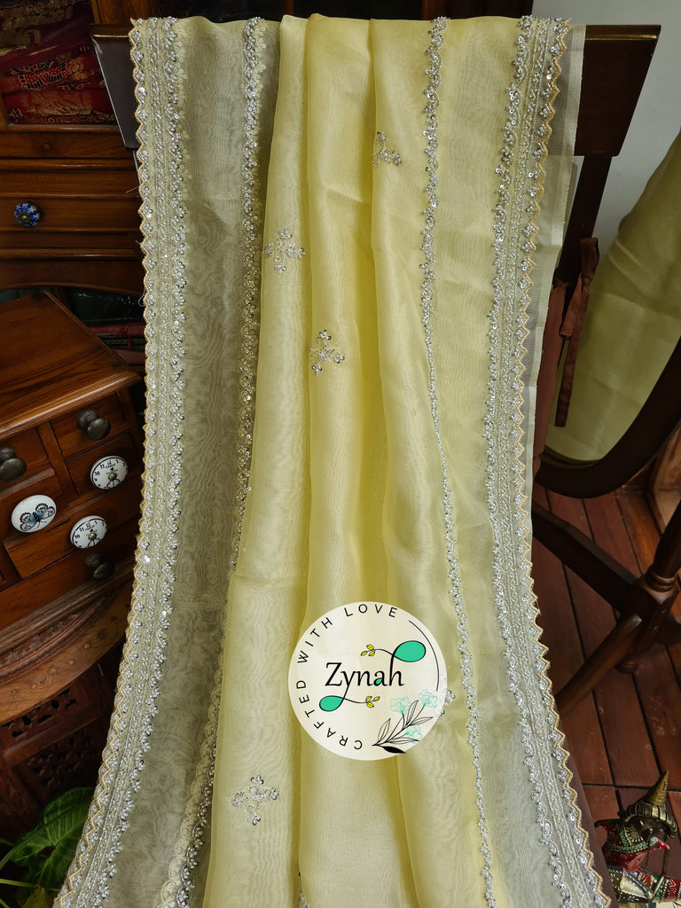 Zynah Yellow Color Pure Organza Silk Saree with Sequence, Pearls & Cut-dana Work; Custom Stitched/Ready-made Blouse, Fall, Petticoat; Shipping available USA, Worldwide