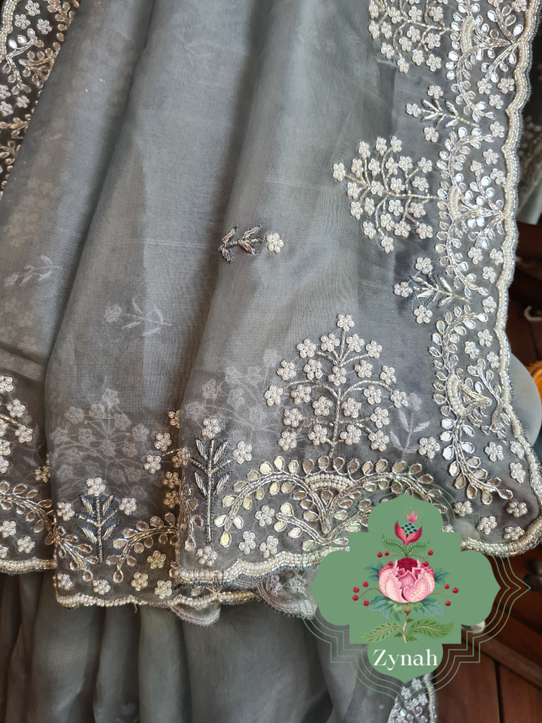 Zynah Grey Color Organza Silk Saree with Cut-dana Work, Pearls, Beads, Gotapatti Work; Custom Stitched/Ready-made Blouse, Fall, Petticoat; Shipping available USA, Worldwide