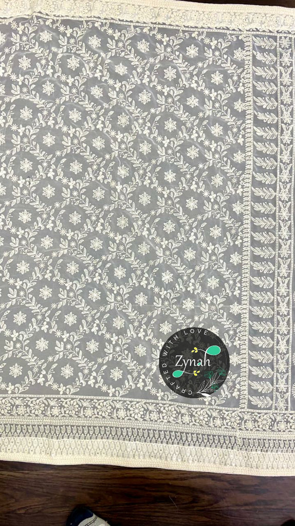 Zynah Pure Georgette Chikankari Saree; Custom Stitched/Ready-made Blouse, Fall, Petticoat; Shipping available USA, Worldwide