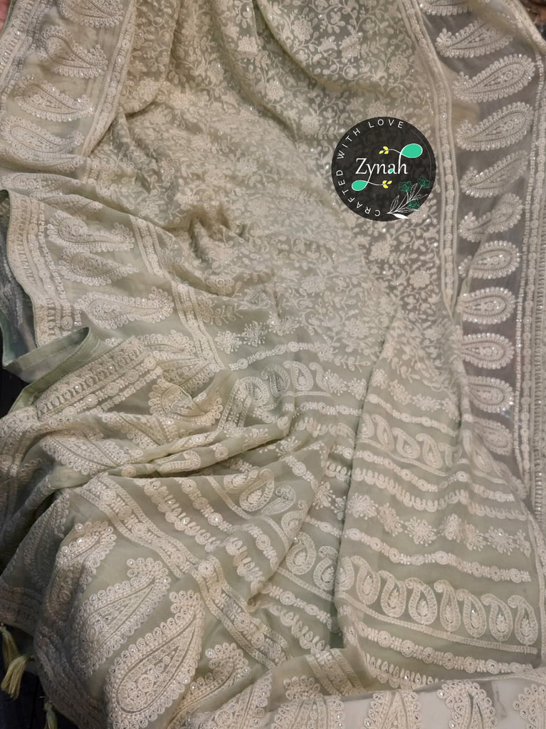 Zynah Pure Georgette Saree with Chikankari & Sequence Work; Custom Stitched/Ready-made Blouse, Fall, Petticoat; Shipping available USA, Worldwide