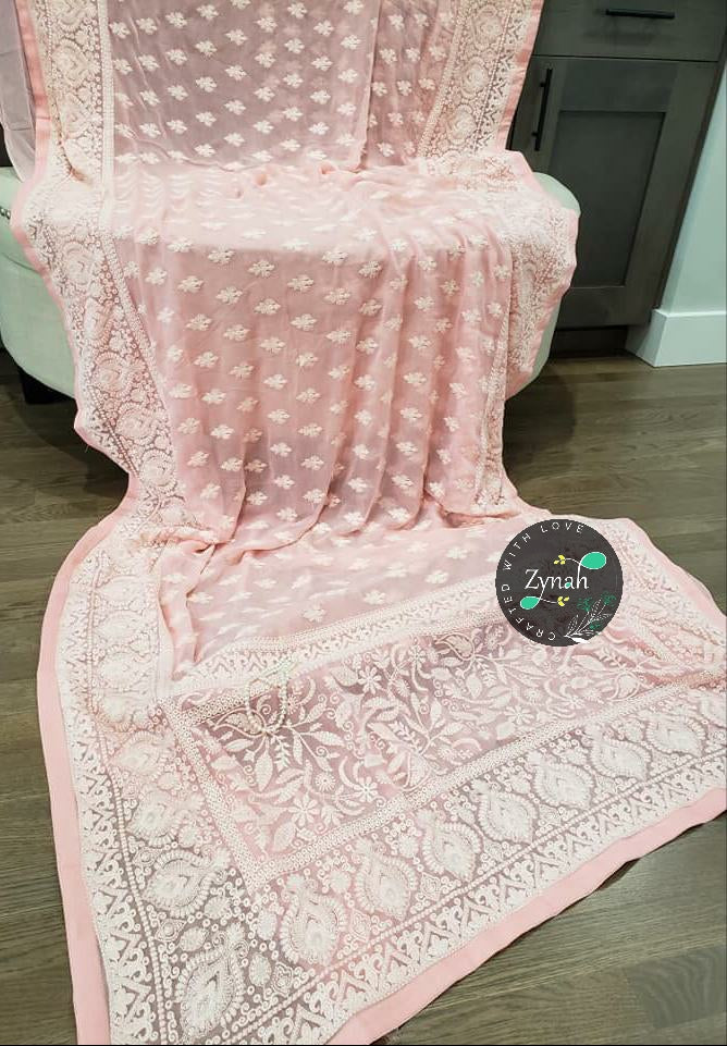 Zynah Pure Georgette Saree with Chikankari & Sequence work; Custom Stitched/Ready-made Blouse, Fall, Petticoat; Shipping available USA, Worldwide