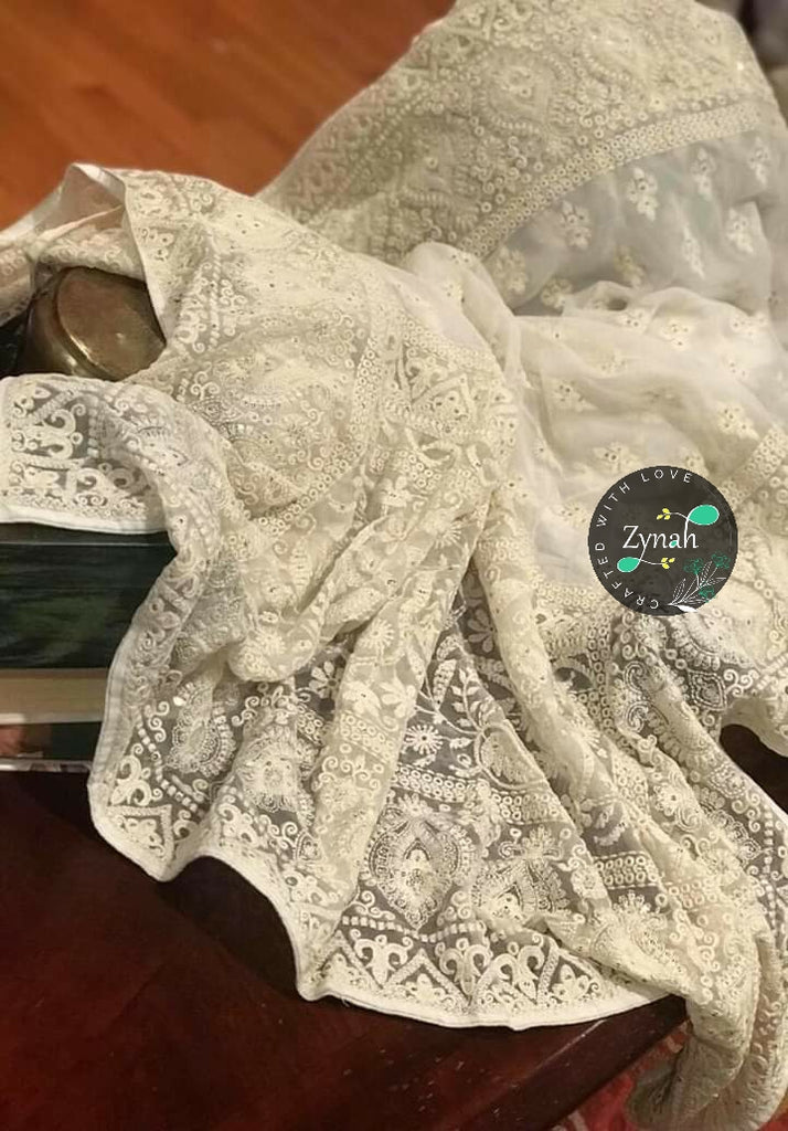 Zynah Pure Georgette Saree with Chikankari & Sequence work; Custom Stitched/Ready-made Blouse, Fall, Petticoat; Shipping available USA, Worldwide