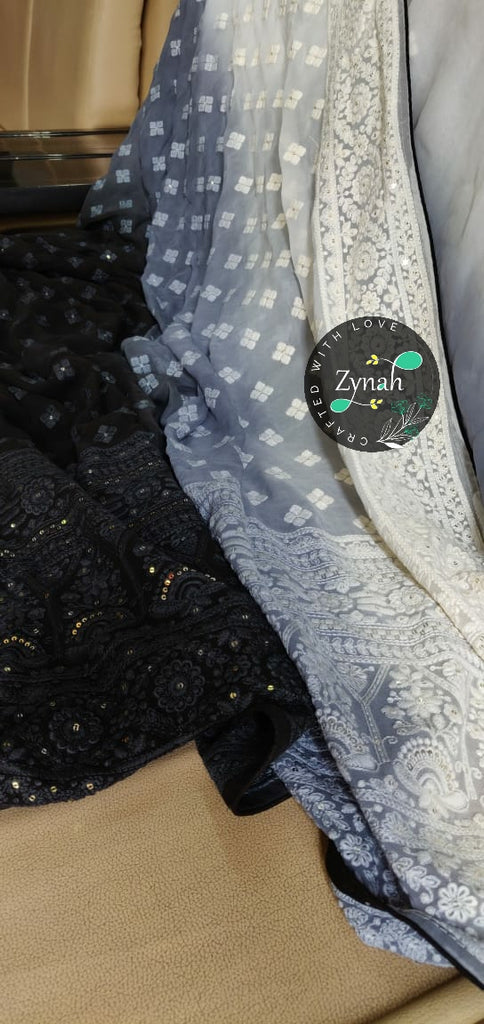 Zynah Pure Georgette Double-shaded Chikankari Saree with Sequence work; Custom Stitched/Ready-made Blouse, Fall, Petticoat; Shipping available USA, Worldwide