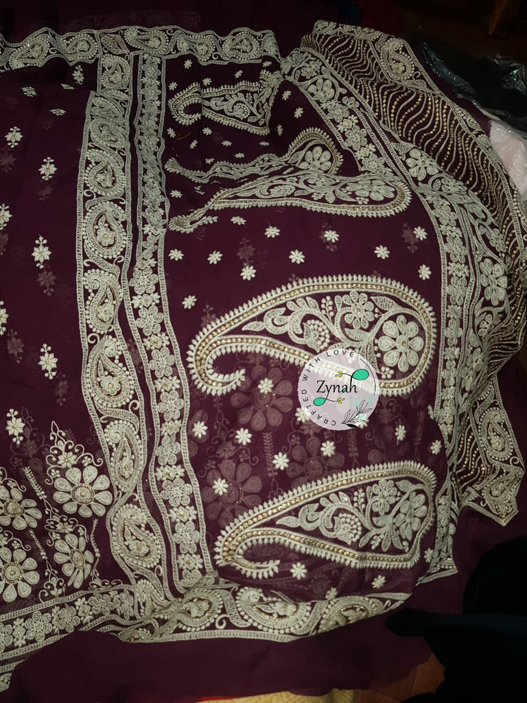 Zynah Pure Georgette Chikankari Saree with Sequence work; Custom Stitched/Ready-made Blouse, Fall, Petticoat; Shipping available USA, Worldwide