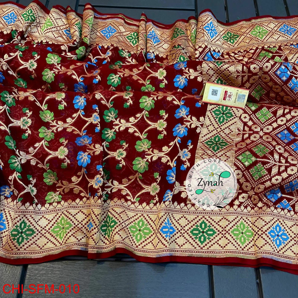 Zynah Pure Khaddi Georgette Meenakari Saree with Golden Zari Weave; Custom Stitched/Ready-made Blouse, Fall, Petticoat; Shipping available USA, Worldwide