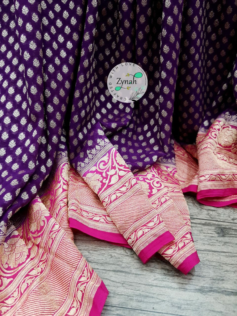 Zynah Pure Khaddi Georgette Saree with Golden Zari Weave; Custom Stitched/Ready-made Blouse, Fall, Petticoat; Shipping available USA, Worldwide