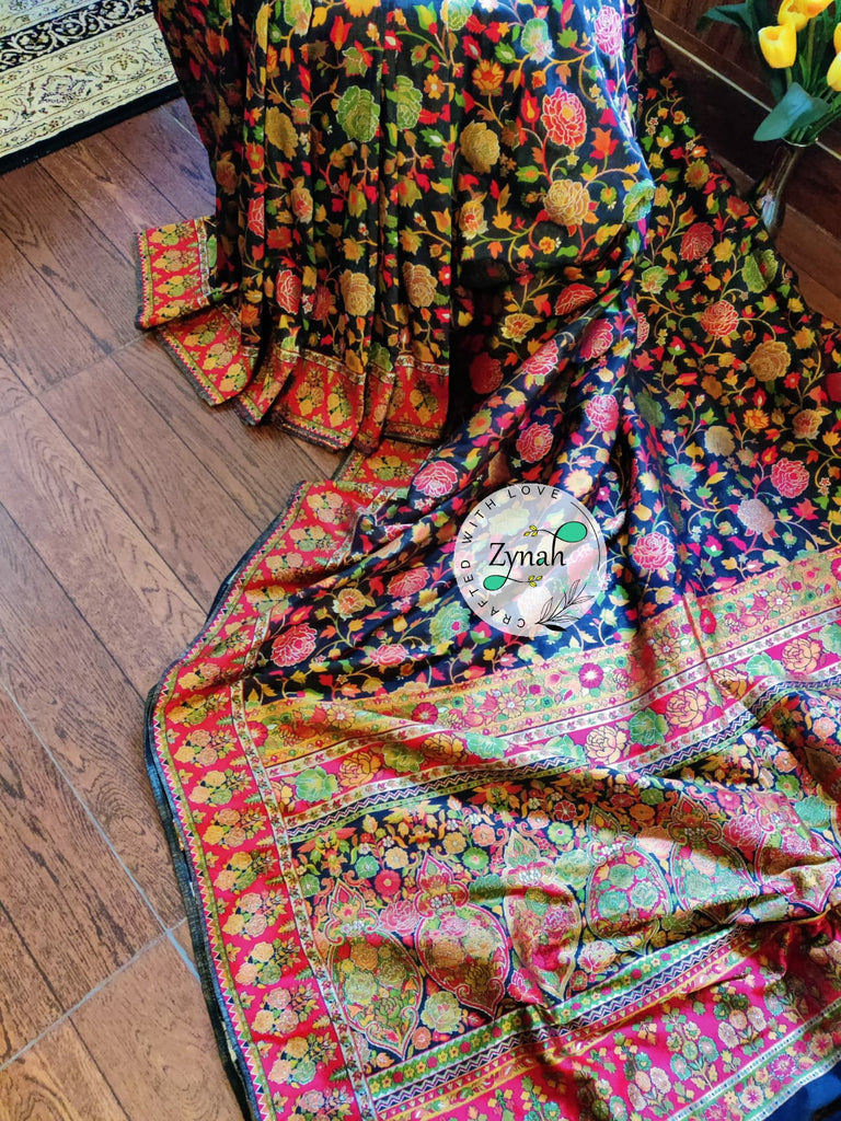 Zynah Pure Kani Silk Cotton Saree with Grand Pallu & Jaal woven body; Custom Stitched/Ready-made Blouse, Fall, Petticoat; Shipping available USA, Worldwide