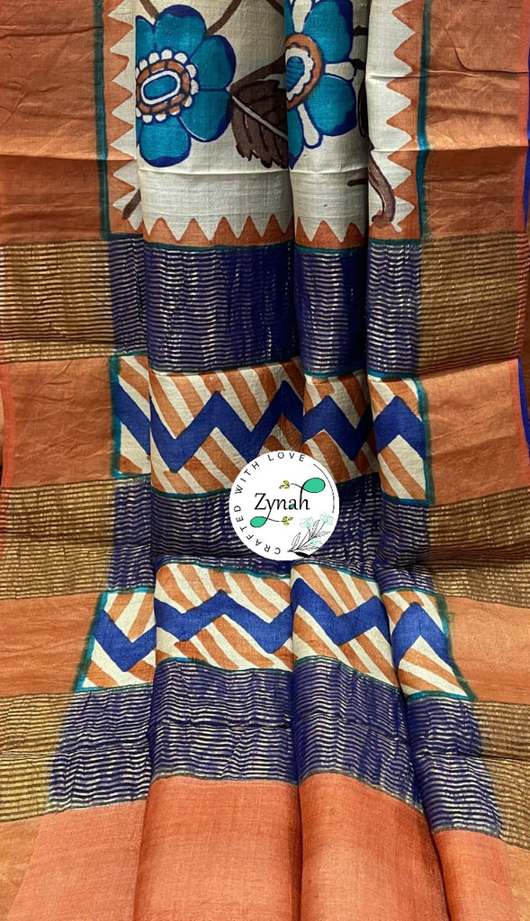 Zynah Pure Tussar Silk Hand-painted Kalamkari Saree; Custom Stitched/Ready-made Blouse, Fall, Petticoat; Shipping available USA, Worldwide