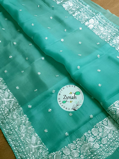 Zynah Pure Organza Silk Saree with Parsi Gara Embroidery & Crochet Lace; Custom Stitched/Ready-made Blouse, Fall, Petticoat; Shipping available USA, Worldwide