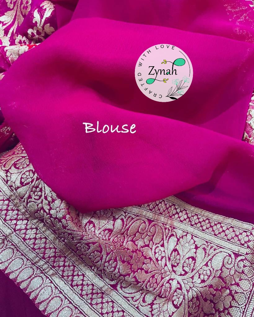 Zynah Pink Color Pure Khaddi Georgette Banarasi Saree with Golden Zari & Meenakari Weaved Motifs; Custom Stitched/Ready-made Blouse, Fall, Petticoat; Shipping available USA, Worldwide