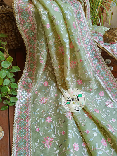 Zynah Pure Organza Silk Saree with Gotapatti Lace, Foil & Thread Embroidery Work; Custom Stitched/Ready-made Blouse, Fall, Petticoat; Shipping available USA, Worldwide