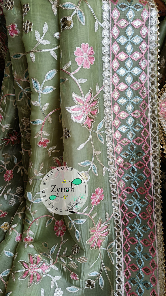 Zynah Pure Organza Silk Saree with Gotapatti Lace, Foil & Thread Embroidery Work; Custom Stitched/Ready-made Blouse, Fall, Petticoat; Shipping available USA, Worldwide