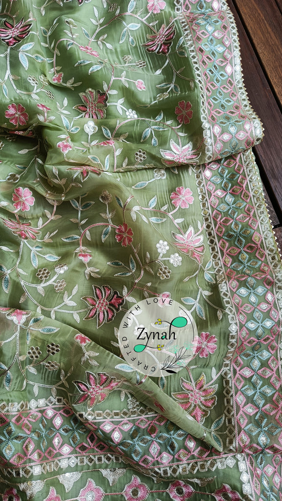 Zynah Pure Organza Silk Saree with Gotapatti Lace, Foil & Thread Embroidery Work; Custom Stitched/Ready-made Blouse, Fall, Petticoat; Shipping available USA, Worldwide