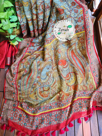 Zynah Blue Color Kalamkari Organic Lab Tested 120 Count pure 'Linen by Linen' Saree; Custom Stitched/Ready-made Blouse, Fall, Petticoat; Shipping available USA, Worldwide