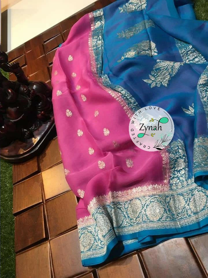 Zynah Pure Banarasi Handloom Khaddi Georgette Saree with Zari Weave; Custom Stitched/Ready-made Blouse, Fall, Petticoat; Shipping available USA, Worldwide