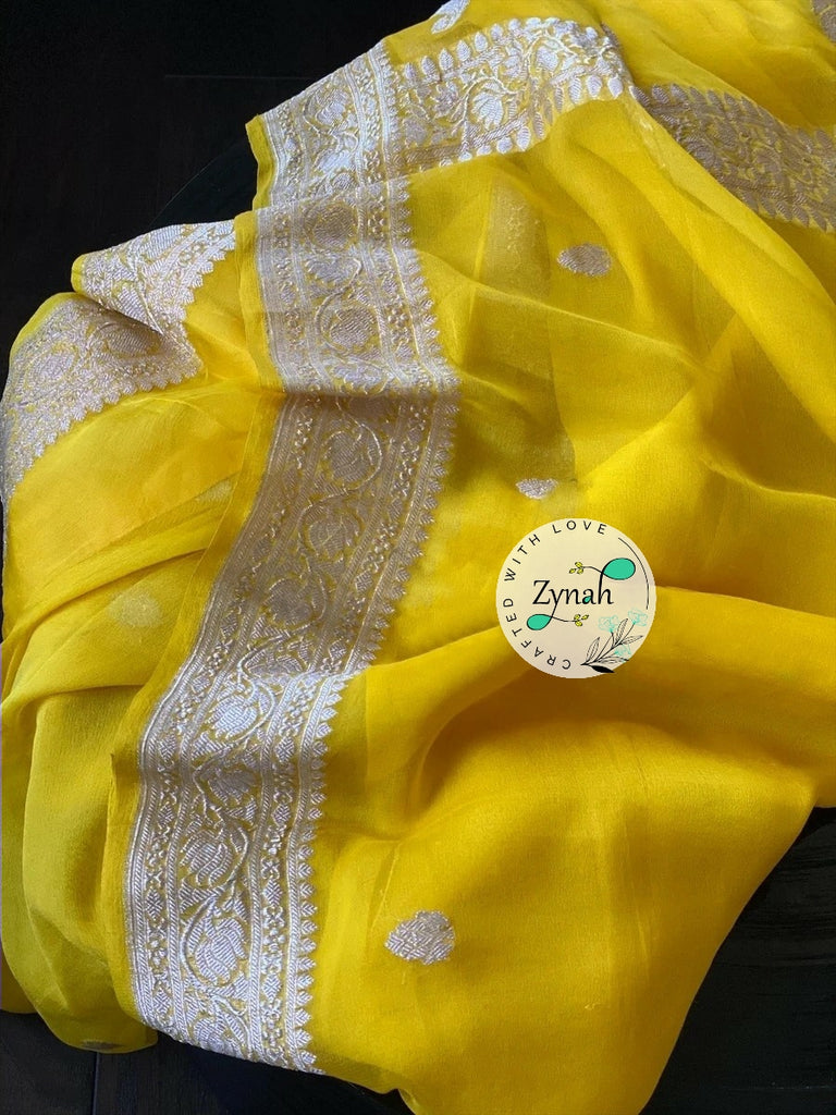 Zynah Pure Banarasi Handloom Khaddi Georgette Saree with Zari Border & Butis; Custom Stitched/Ready-made Blouse, Fall, Petticoat; Shipping available USA, Worldwide