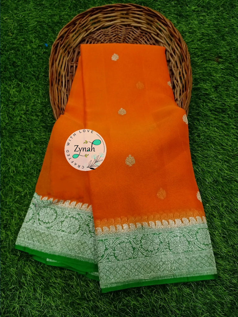 Zynah Pure Banarasi Handloom Khaddi Georgette Saree with Zari Weave; Custom Stitched/Ready-made Blouse, Fall, Petticoat; Shipping available USA, Worldwide