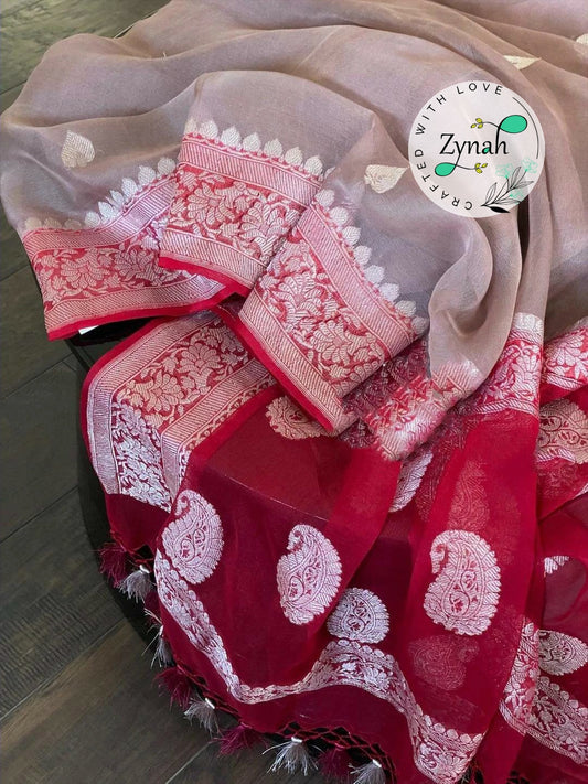 Zynah Pure Banarasi Handloom Khaddi Georgette Saree with Zari Weave; Custom Stitched/Ready-made Blouse, Fall, Petticoat; Shipping available USA, Worldwide