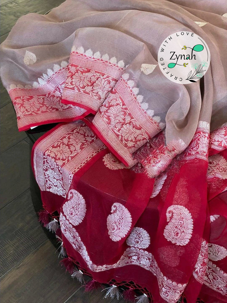 Zynah Pure Banarasi Handloom Khaddi Georgette Saree with Zari Weave; Custom Stitched/Ready-made Blouse, Fall, Petticoat; Shipping available USA, Worldwide