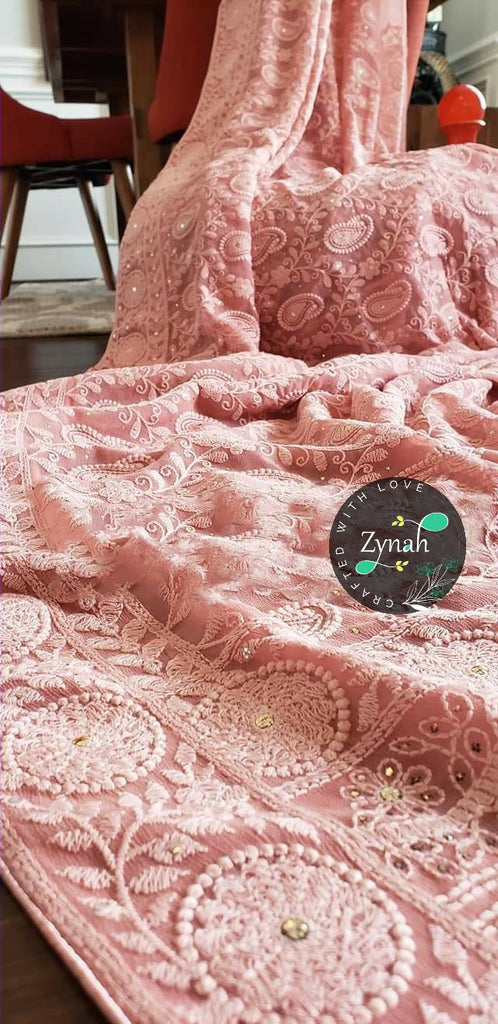 Zynah Pure Georgette Saree with Chikankari, Zari & Sequence Work; Custom Stitched/Ready-made Blouse, Fall, Petticoat; Shipping available USA, Worldwide