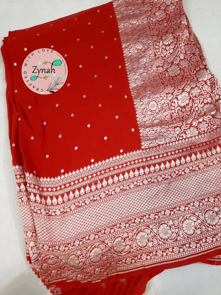 Zynah Pure Khaddi Georgette Saree with Golden Zari Weave; Custom Stitched/Ready-made Blouse, Fall, Petticoat; Shipping available USA, Worldwide