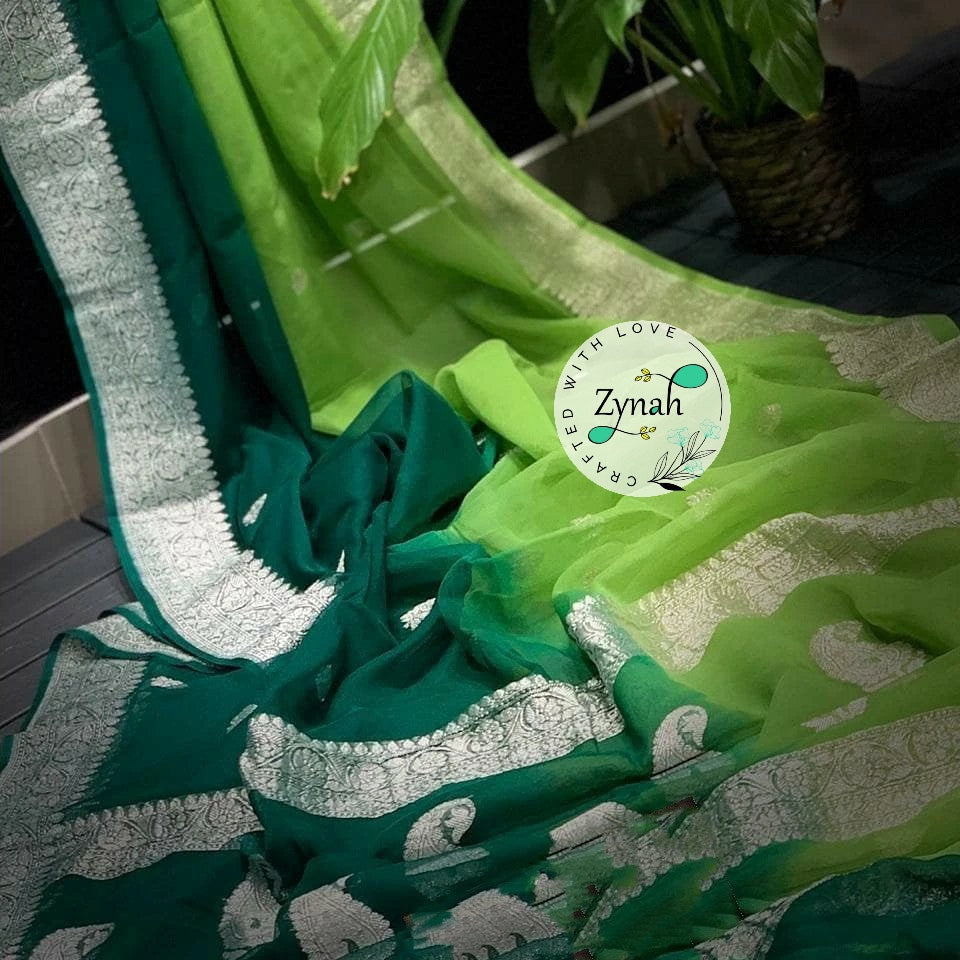 Zynah Pure Banarasi Handloom Khaddi Georgette Double-shaded Saree with Zari Weave; Custom Stitched/Ready-made Blouse, Fall, Petticoat; Shipping available USA, Worldwide