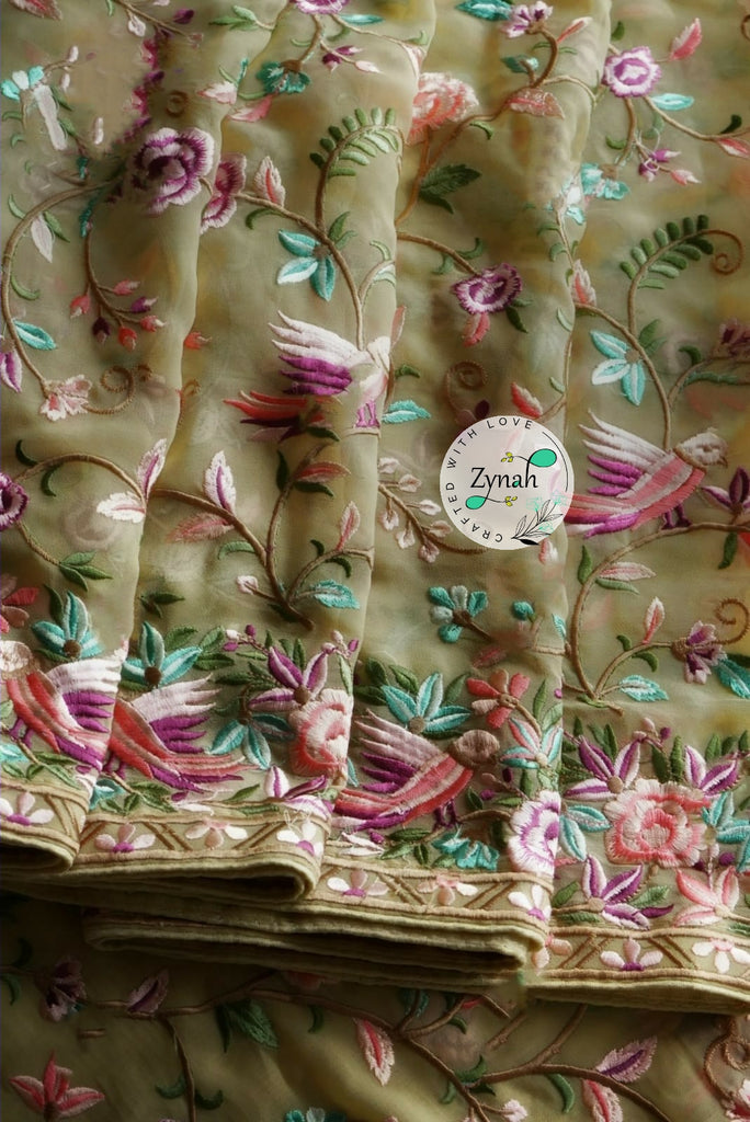 Zynah Pure Georgette Saree with Parsi Gara Inspired Embroidery; Custom Stitched/Ready-made Blouse, Fall, Petticoat; Shipping available USA, Worldwide