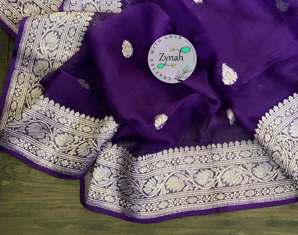 Zynah Pure Banarasi Handloom Khaddi Georgette Saree with Zari Border & Butis; Custom Stitched/Ready-made Blouse, Fall, Petticoat; Shipping available USA, Worldwide
