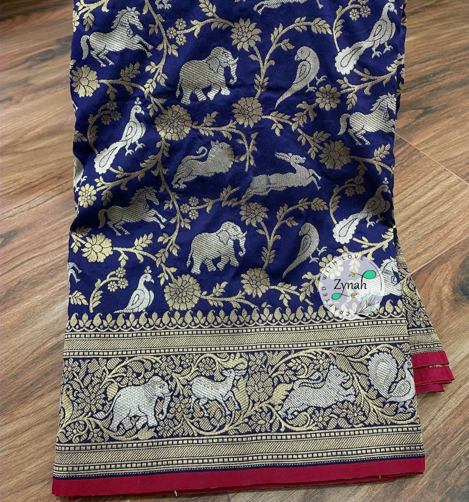 Zynah Pure Banarasi Soft Silk Saree with Shikargah Design; Custom Stitched/Ready-made Blouse, Fall, Petticoat; Shipping available USA, Worldwide