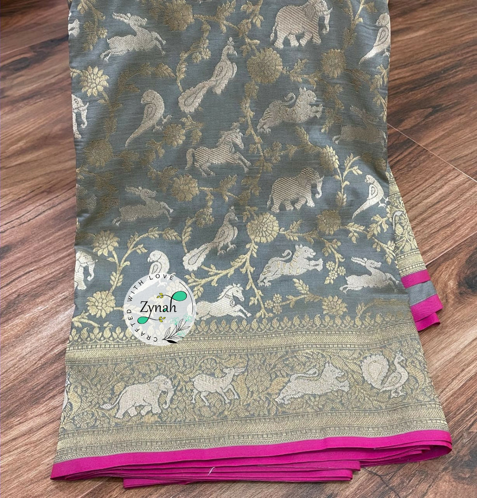 Zynah Pure Banarasi Soft Silk Saree with Shikargah Design; Custom Stitched/Ready-made Blouse, Fall, Petticoat; Shipping available USA, Worldwide