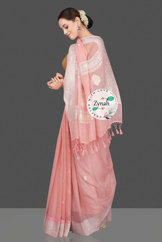 Zynah Pure Banarasi Handloom Khaddi Georgette Saree with Zari Border & Butis; Custom Stitched/Ready-made Blouse, Fall, Petticoat; Shipping available USA, Worldwide