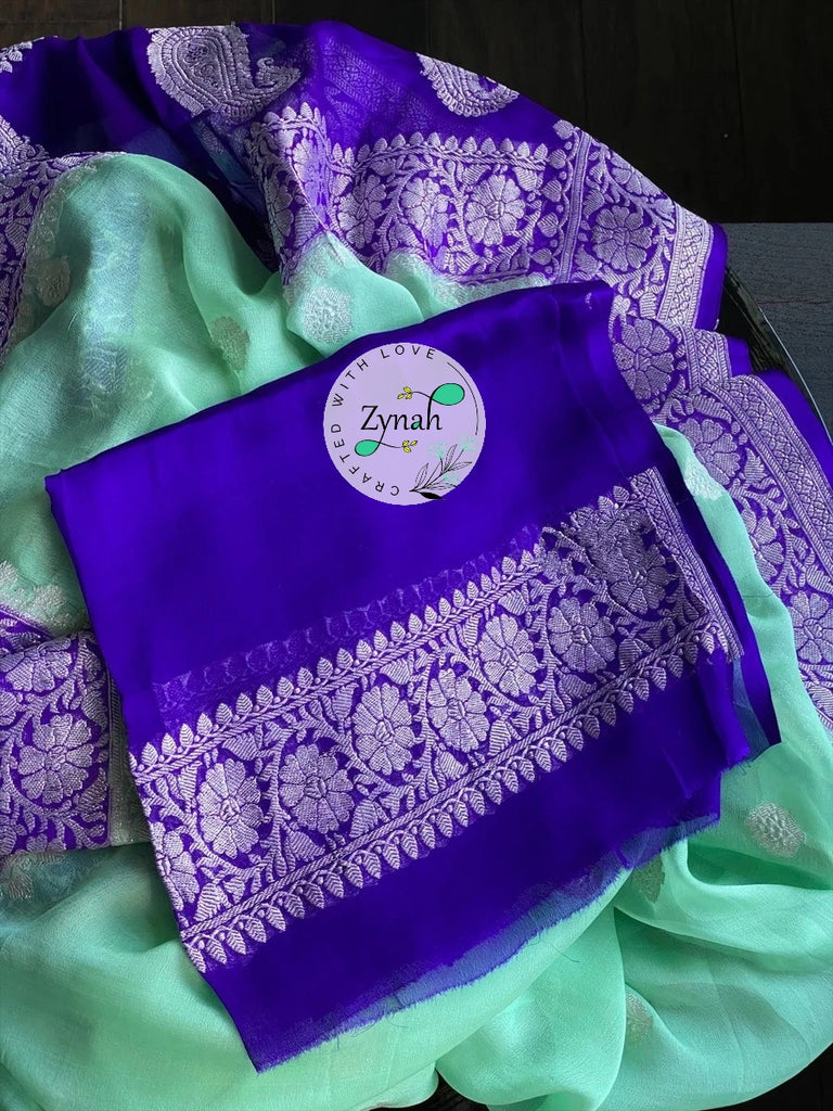 Zynah Pure Banarasi Handloom Khaddi Georgette Saree with Zari Weave; Custom Stitched/Ready-made Blouse, Fall, Petticoat; Shipping available USA, Worldwide