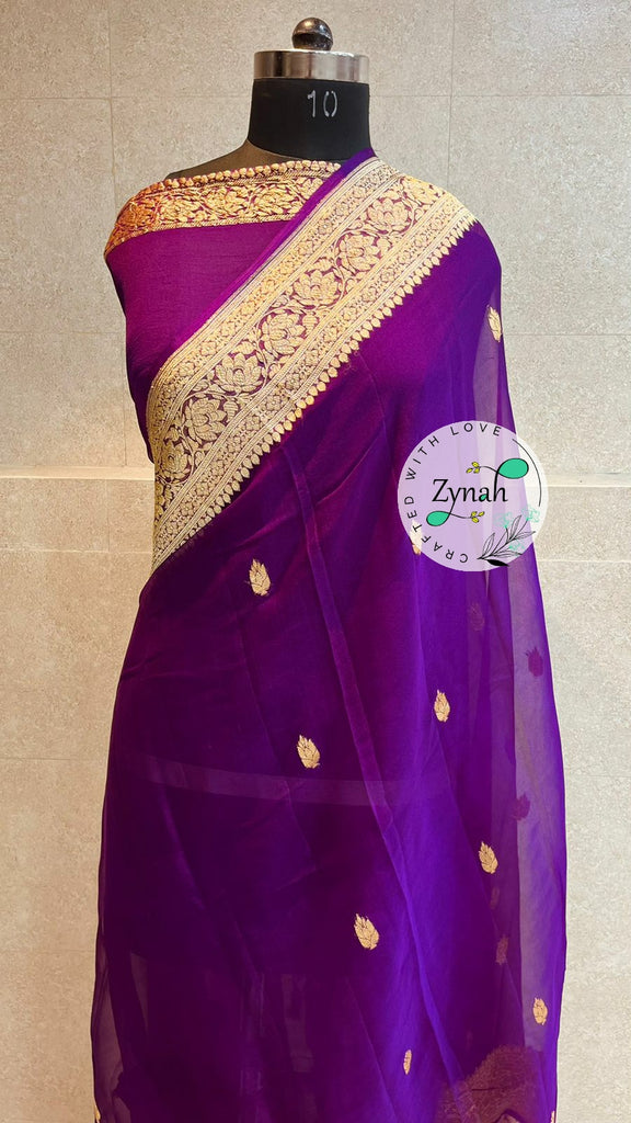 Zynah Pure Banarasi Handloom Khaddi Georgette Saree with Golden Zari Border & Butis; Custom Stitched/Ready-made Blouse, Fall, Petticoat; Shipping available USA, Worldwide
