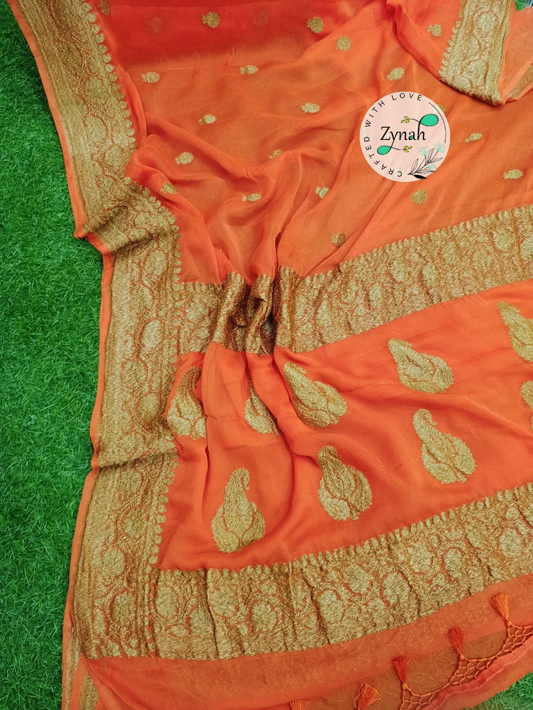 Zynah Pure Banarasi Handloom Khaddi Georgette Saree with Zari Border & Butis; Custom Stitched/Ready-made Blouse, Fall, Petticoat; Shipping available USA, Worldwide