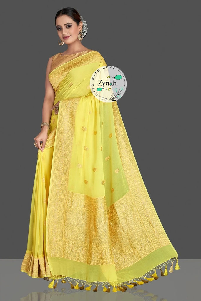 Zynah Pure Banarasi Handloom Khaddi Georgette Saree with Golden Zari Border & Butis; Custom Stitched/Ready-made Blouse, Fall, Petticoat; Shipping available USA, Worldwide