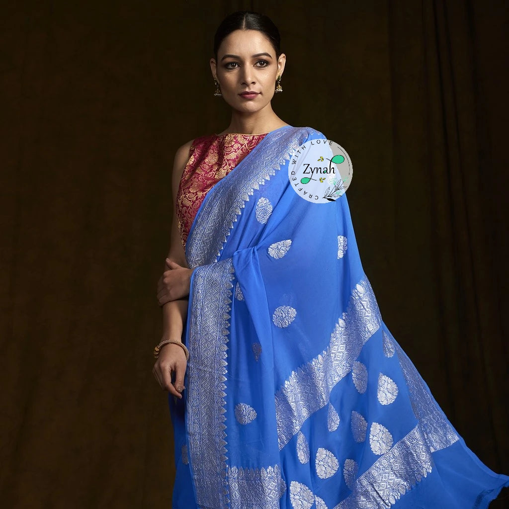 Zynah Pure Banarasi Handloom Khaddi Georgette Saree with Zari Border & Butis; Custom Stitched/Ready-made Blouse, Fall, Petticoat; Shipping available USA, Worldwide