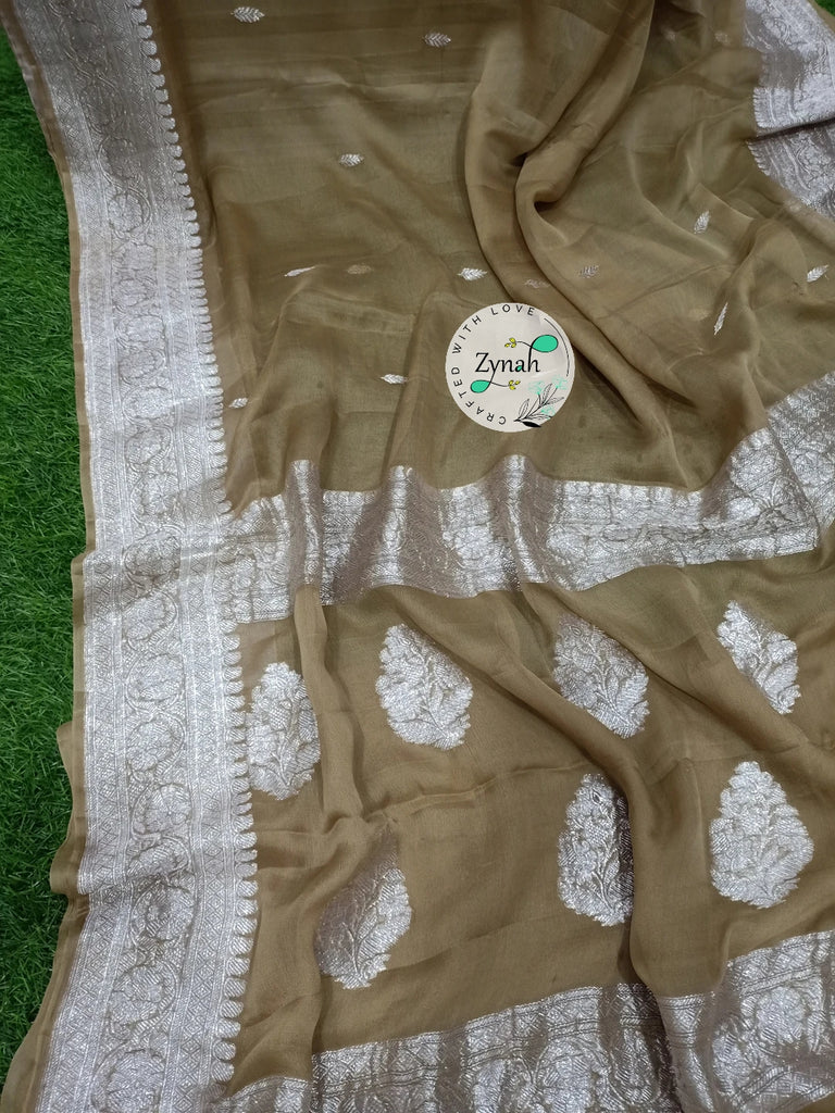 Zynah Pure Banarasi Handloom Khaddi Georgette Saree with Zari Border & Butis; Custom Stitched/Ready-made Blouse, Fall, Petticoat; Shipping available USA, Worldwide