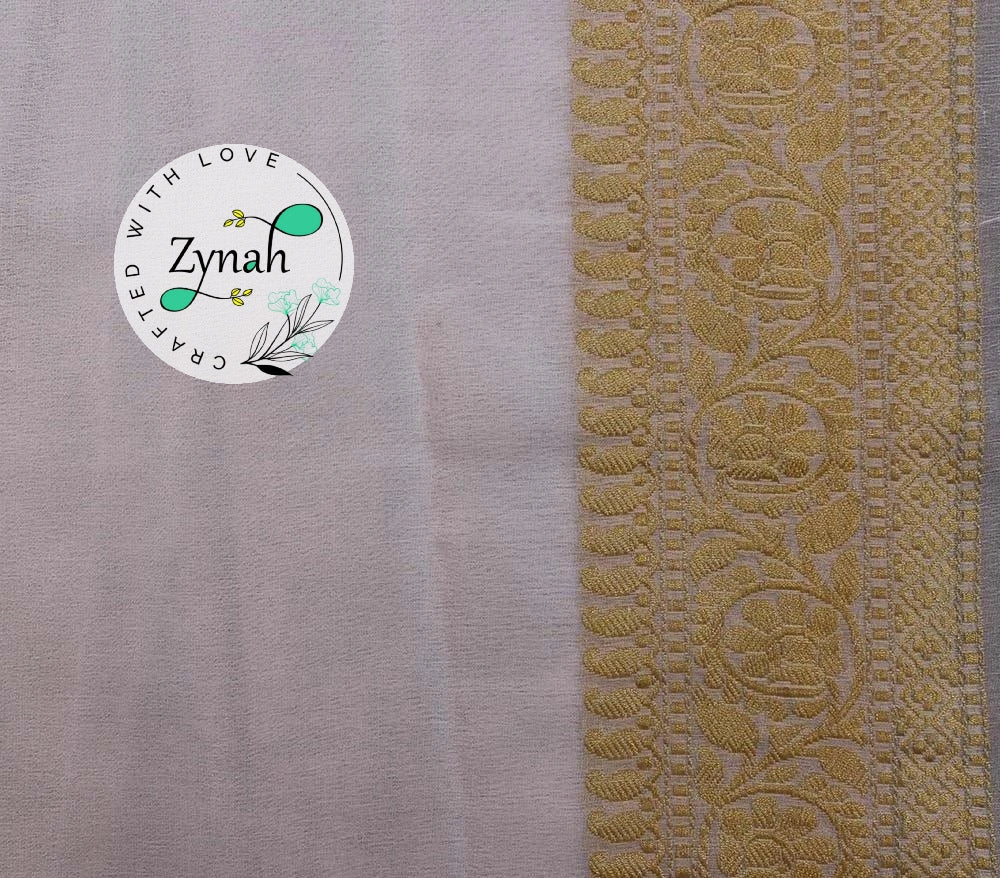Zynah Pure Banarasi Handloom Khaddi Georgette Saree with Golden Zari Border & Butis; Custom Stitched/Ready-made Blouse, Fall, Petticoat; Shipping available USA, Worldwide