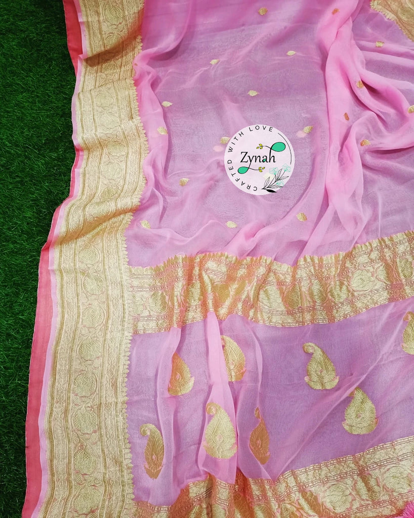 Zynah Pure Banarasi Handloom Khaddi Georgette Saree with Zari Border & Butis; Custom Stitched/Ready-made Blouse, Fall, Petticoat; Shipping available USA, Worldwide