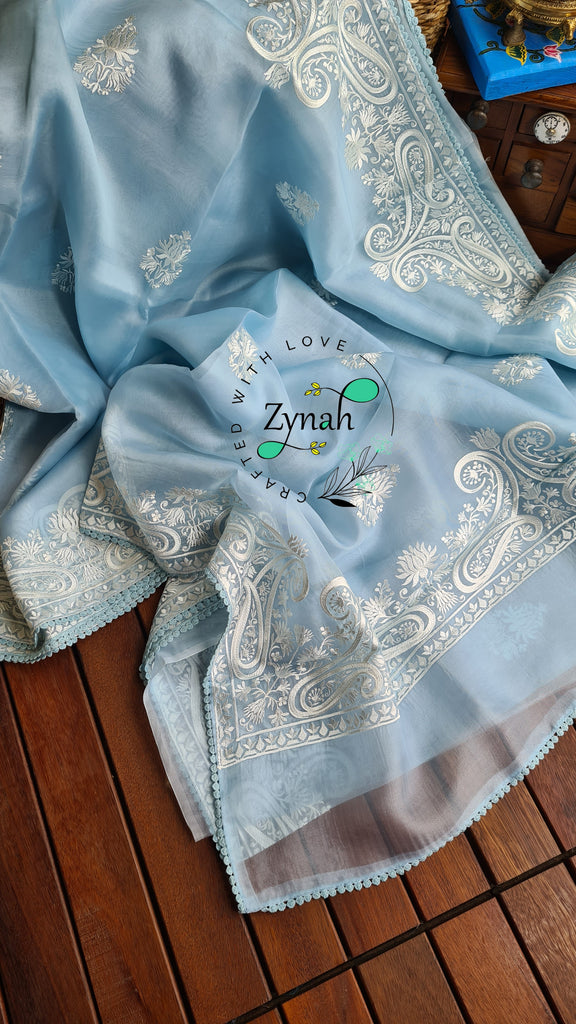 Zynah Pure Organza Silk Saree with Thread Embroidery & Crochet lace Border; Custom Stitched/Ready-made Blouse, Fall, Petticoat; Shipping available USA, Worldwide