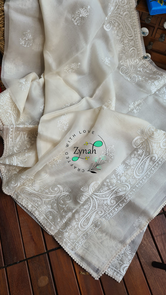 Zynah Pure Organza Silk Saree with Thread Embroidery & Crochet lace Border; Custom Stitched/Ready-made Blouse, Fall, Petticoat; Shipping available USA, Worldwide