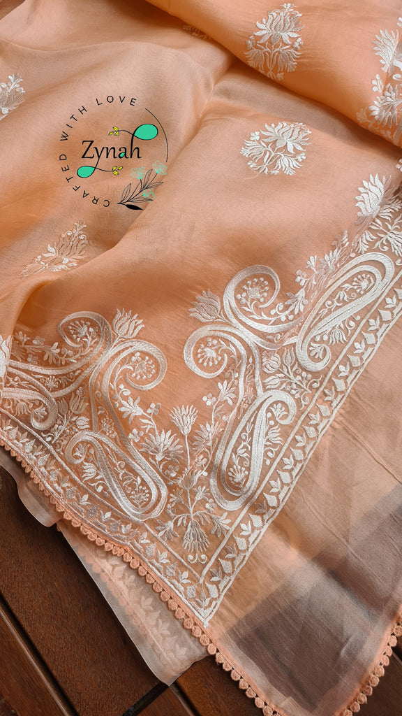 Zynah Pure Organza Silk Saree with Thread Embroidery & Crochet lace Border; Custom Stitched/Ready-made Blouse, Fall, Petticoat; Shipping available USA, Worldwide