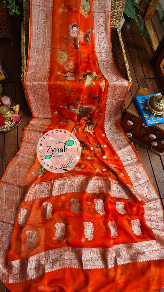 Zynah Pure Khaddi Chiffon Saree with Floral Prints & Silver Zari Weave; Custom Stitched/Ready-made Blouse, Fall, Petticoat; Shipping available USA, Worldwide