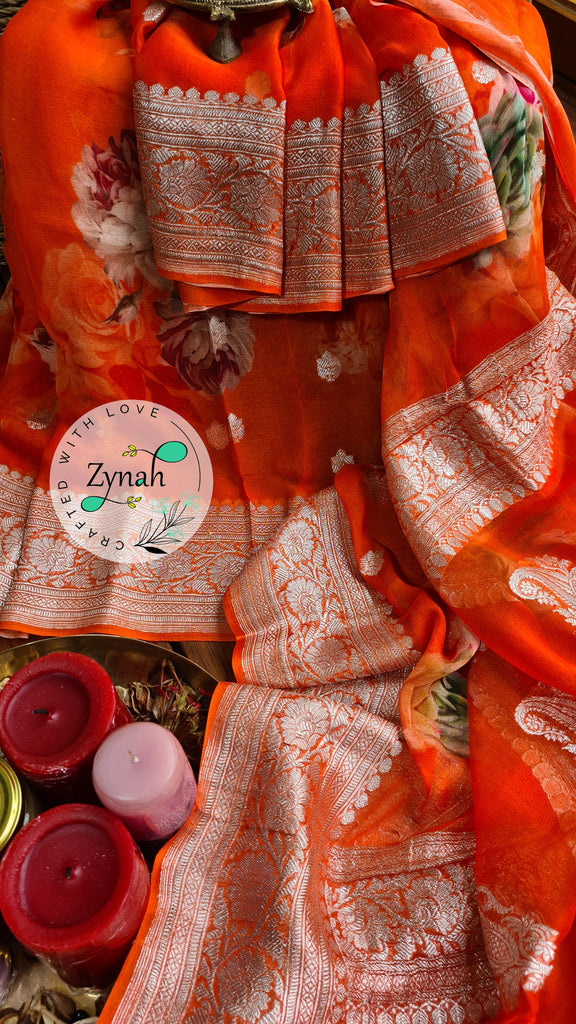 Zynah Pure Khaddi Chiffon Saree with Floral Prints & Silver Zari Weave; Custom Stitched/Ready-made Blouse, Fall, Petticoat; Shipping available USA, Worldwide
