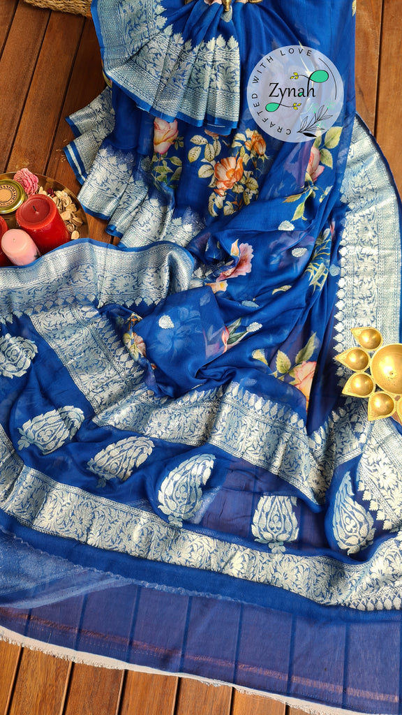 Zynah Pure Khaddi Chiffon Saree with Floral Prints & Silver Zari Weave; Custom Stitched/Ready-made Blouse, Fall, Petticoat; Shipping available USA, Worldwide