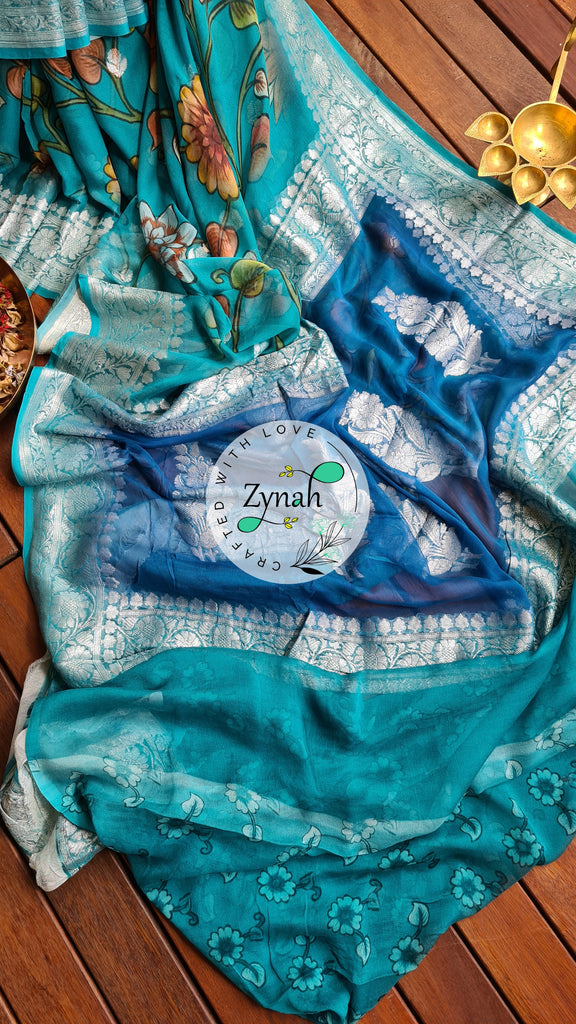 Zynah Pure Khaddi Chiffon Saree with Floral Prints & Silver Zari Weave; Custom Stitched/Ready-made Blouse, Fall, Petticoat; Shipping available USA, Worldwide