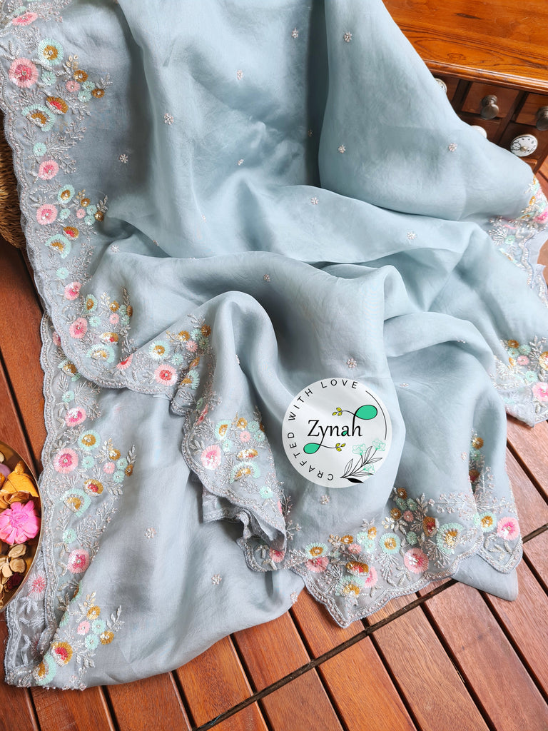 Zynah Pure Organza Silk Saree with Sequence, Beads & Cutdana Work; Custom Stitched/Ready-made Blouse, Fall, Petticoat; Shipping available USA, Worldwide
